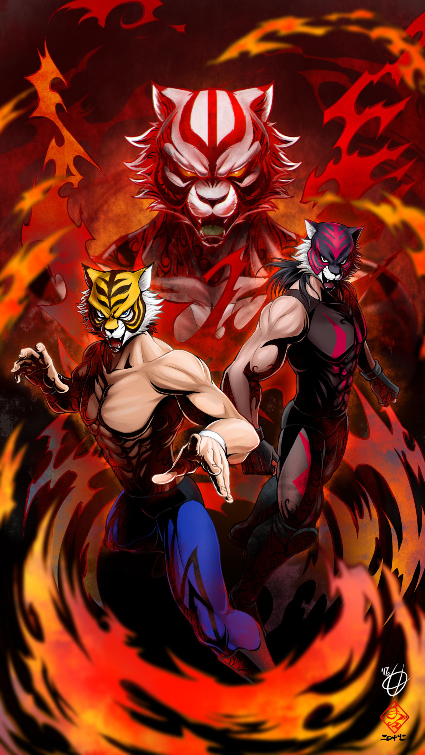 3boys abs absurdres black_hair blue_eyes fingerless_gloves gloves highres long_hair mask multiple_boys muscle red_eyes tete_(amakuchichiyoko) tiger_mask tiger_mask_(series) tiger_mask_w tiger_the_dark tiger_the_great_the_third