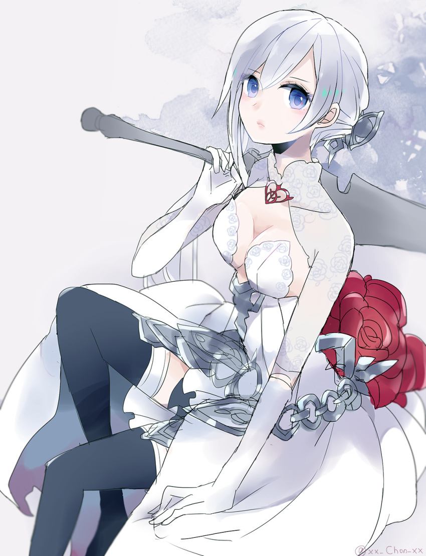 1girl armor armored_dress blue_eyes breasts chains china33v cleavage elbow_gloves flower full_body gloves hair_ornament highres holding holding_sword holding_weapon looking_at_viewer medium_breasts pale_skin rose silver_hair simple_background sinoalice sitting snow_white_(sinoalice) solo sword thigh-highs tied_hair weapon