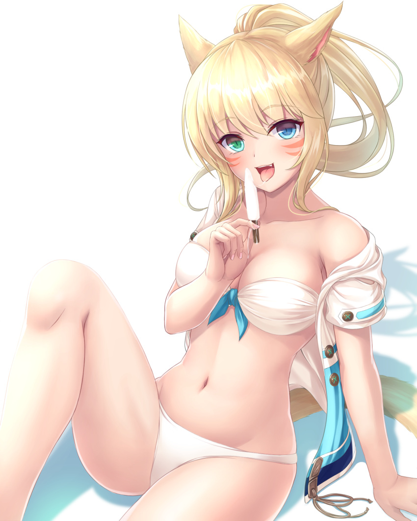 1girl :d animal_ears bare_shoulders bikini blonde_hair blue_eyes blue_ribbon blush breasts buttons cat_ears cat_tail cleavage collarbone final_fantasy final_fantasy_xiv food front-tie_bikini front-tie_top green_eyes heterochromia highres holding holding_food knee_up long_hair looking_at_viewer medium_breasts miqo'te navel off_shoulder open_clothes open_mouth open_shirt ponytail popsicle revision ribbon shirt short_sleeves simple_background sitting smile solo stomach swimsuit tail tiphereth unbuttoned unbuttoned_shirt whisker_markings white_background white_bikini white_shirt