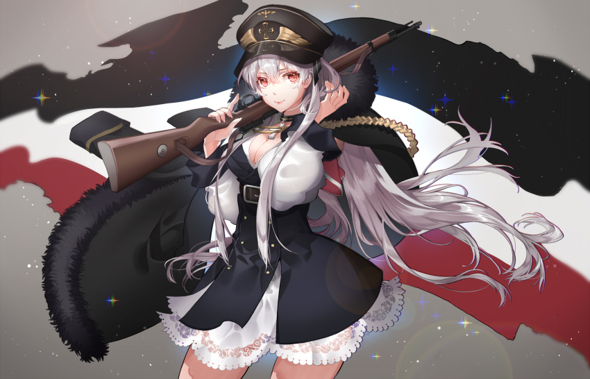1girl aiguillette bangs bolt_action breasts cleavage closed_mouth cowboy_shot eyebrows_visible_through_hair fur_trim girls_frontline gun hair_between_eyes hat highres holding holding_gun holding_weapon iron_cross kar98k_(girls_frontline) large_breasts long_hair looking_at_viewer mauser_98 peaked_cap qian_zhe red_eyes rifle smile solo weapon white_hair