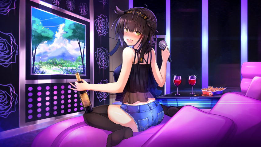 1girl :d bare_shoulders black_hair black_legwear blush bottle breasts cup drinking_glass drunk food french_fries full-face_blush hair_flaps hatsuzuki_(kantai_collection) kantai_collection karaoke karaoke_box looking_back medium_breasts microphone open_mouth pillow rizihike short_shorts shorts sitting smile solo strapless tagme thigh-highs wariza wine_bottle wine_glass yellow_eyes