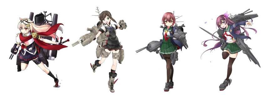 4girls absurdres adapted_costume alternate_costume argyle argyle_legwear black_hair black_legwear black_ribbon black_serafuku black_skirt blonde_hair blue_jacket brown_hair cannon commentary_request crescent crescent_moon_pin fingerless_gloves flower fubuki_(kantai_collection) full_body gloves gradient_hair green_eyes green_sailor_collar green_skirt gundam gundam_tekketsu_no_orphans gundam_vidar hair_flaps hair_ornament hair_ribbon hairclip highres jacket kantai_collection kisaragi_(kantai_collection) long_hair looking_at_viewer low_ponytail machinery minosu multicolored_hair multiple_girls mutsuki_(kantai_collection) neckerchief open_mouth pantyhose pleated_skirt ponytail pose red_eyes red_neckerchief red_scarf remodel_(kantai_collection) ribbon rudder_shoes running scarf school_uniform serafuku short_hair short_ponytail sidelocks simple_background skirt smokestack socks solo standing sweater_vest sword thigh-highs turret violet_eyes weapon white_background white_scarf yuudachi_(kantai_collection)