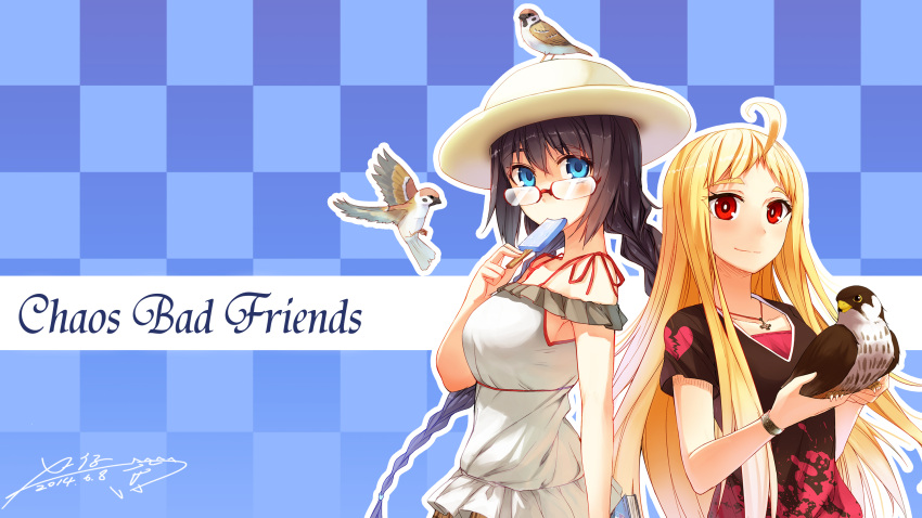 2girls ahoge animal bird black_hair blonde_hair blue_background blue_eyes blush bracelet braid broken_heart checkered checkered_background collarbone dated eyebrows_visible_through_hair food glasses graphite_(medium) hat heart highres holding holding_animal jewelry long_hair looking_at_viewer multiple_girls necklace original popsicle red_eyes scenery short_sleeves signature smile summer thick_eyebrows traditional_media twin_braids white_hat x-boy