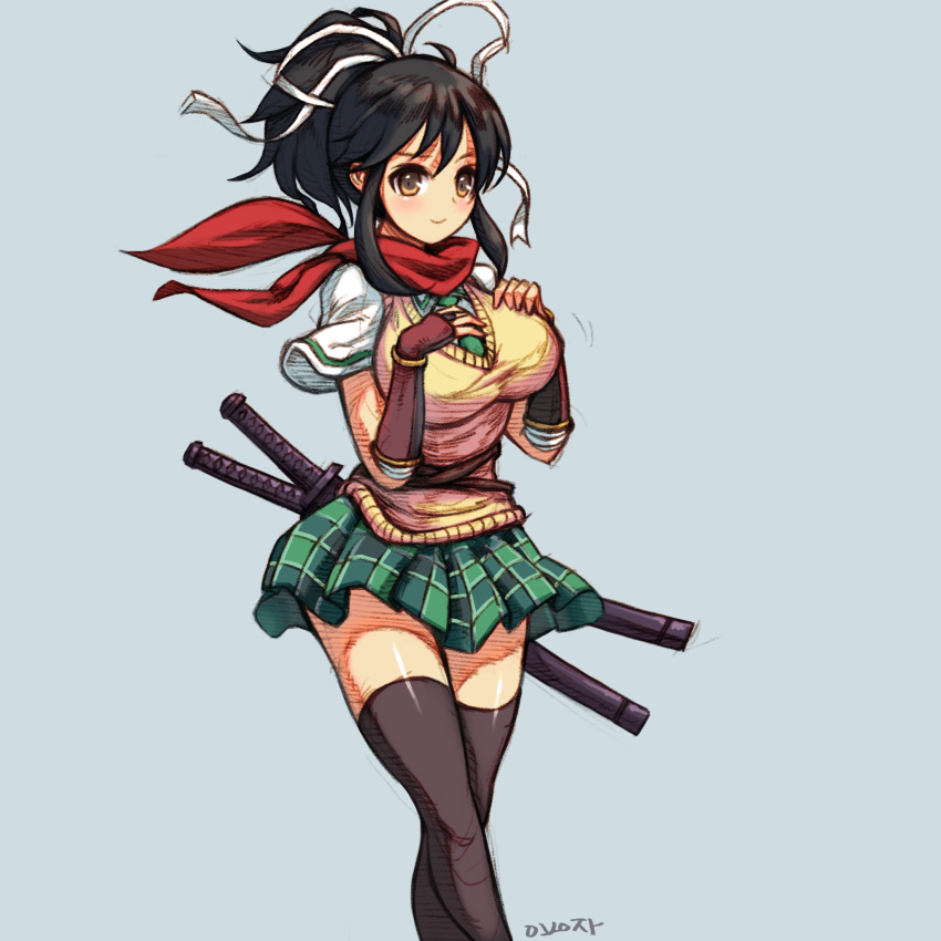 1girl armor artist_name asuka_(senran_kagura) black_hair black_legwear blue_background blush breasts closed_mouth cowboy_shot green_necktie green_skirt hair_ribbon hands_on_breasts hands_on_own_chest highres japanese_armor jeon_yong_jin katana large_breasts legs_together looking_at_viewer miniskirt necktie plaid plaid_skirt ponytail red_scarf ribbon scabbard scarf school_uniform senran_kagura senran_kagura_(series) sheath sheathed shirt short_hair short_sleeves skirt smile solo standing sweater_vest sword thigh-highs weapon weapon_on_back white_ribbon white_shirt yellow_eyes