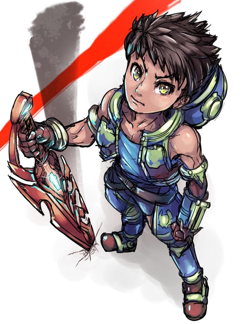 1boy black_hair boris_(noborhys) clenched_hand crotchless_pants from_above full_body highres looking_at_viewer male_focus rex_(xenoblade_2) short_hair simple_background sketch solo sword vest weapon white_background xenoblade xenoblade_2 yellow_eyes