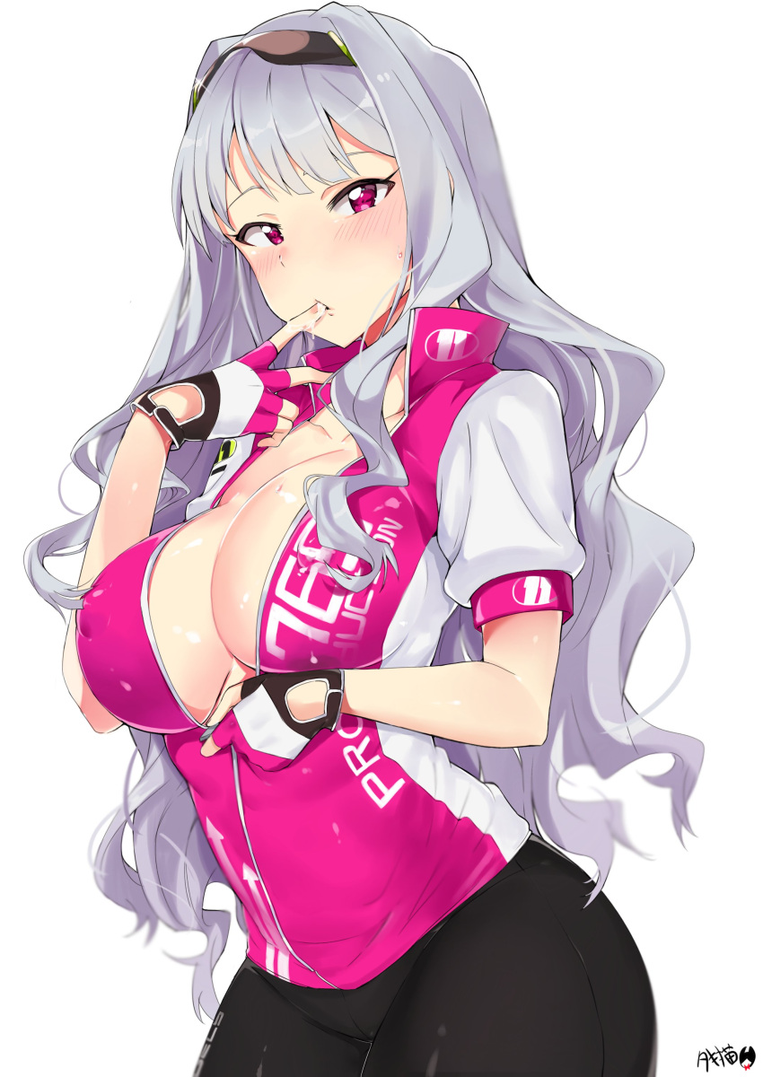 1girl absurdres artist_name bangs bike_jersey bike_shorts black_shorts blunt_bangs blush breasts cleavage clothes_writing collarbone covered_nipples cowboy_shot finger_sucking finger_to_mouth fingerless_gloves gloves highres idolmaster large_breasts long_hair looking_at_viewer no_bra shijou_takane shiny shiny_clothes shiny_skin short_sleeves shorts silver_hair simple_background skin_tight solo sportswear standing sunglasses sunglasses_on_head sweat tuxedo_de_cat unzipping violet_eyes wavy_hair white_background zipper