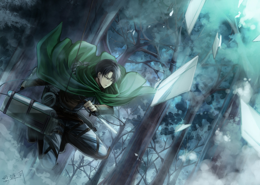 1boy angel31424 black_hair broken broken_sword broken_weapon brown_jacket cape dual_wielding forest green_cape grey_pants holding holding_sword holding_weapon levi_(shingeki_no_kyojin) military military_uniform nature night outdoors pants shingeki_no_kyojin signature solo sword three-dimensional_maneuver_gear tree uniform weapon