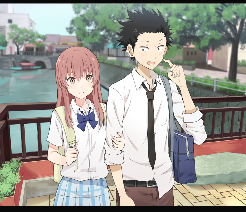 1boy 1girl bag black_hair blush bow bowtie brown_eyes closed_mouth highres holding_arm ishida_shouya kenkaizar koe_no_katachi light_brown_hair long_hair necktie nishimiya_shouko open_mouth outdoors pants school_uniform short_sleeves skirt sleeves_rolled_up smile tree wavy_mouth