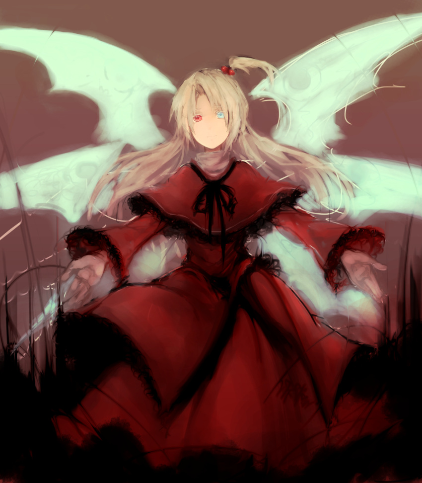 1girl blue_eyes brown_background capelet dress grey_hair heterochromia highres long_hair looking_at_viewer outstretched_arms red_dress red_eyes shinki side_ponytail smile solo sujaku_(izayoisuzaku) touhou touhou_(pc-98) white_hair wings