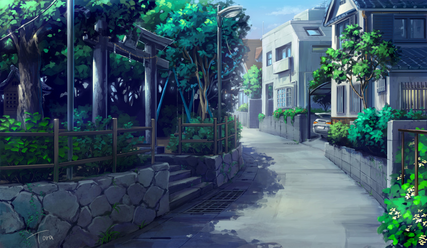 car clouds commentary_request fence ground_vehicle highres house lamppost license_plate motor_vehicle no_humans original scenery signature tora_(torakichi_22) torii tree window