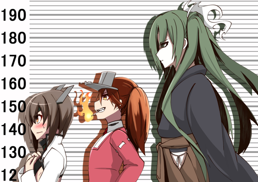 3girls blue_eyes brown_eyes brown_hair cigarette commentary_request fire flat_chest from_side getumentour green_hair grin height_chart highres japanese_clothes kantai_collection magatama multiple_girls pale_skin profile ribbon_trim ryuujou_(kantai_collection) sharp_teeth smile sweatdrop taihou_(kantai_collection) teeth twintails visor_cap wavy_mouth zuikaku_(kantai_collection)