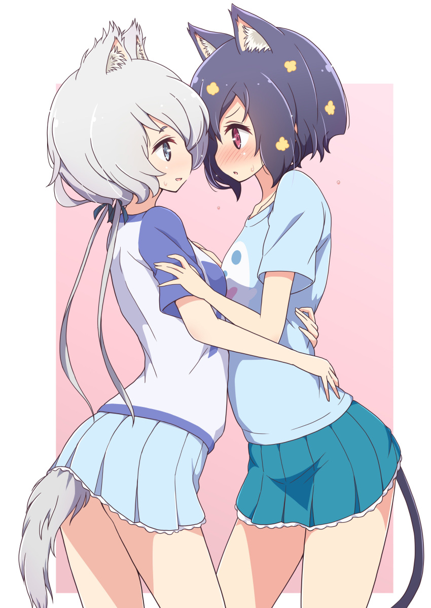2girls :o absurdres animal_ears bangs black_hair black_ribbon blue_eyes blue_shirt blue_skirt blush cat_ears cat_tail commentary dog_tail flower hair_flower hair_ornament hair_ribbon highres hug kemonomimi_mode konno_junko lace lace-trimmed_skirt leaning_forward light_smile long_hair looking_at_another low_twintails mel_(melty_pot) miniskirt mizuno_ai multiple_girls outdoors parted_lips pink_background pleated_skirt print_shirt raglan_sleeves red_eyes ribbon shirt short_hair short_sleeves silver_hair skirt standing sweatdrop t-shirt tail twintails yuri zombie_land_saga