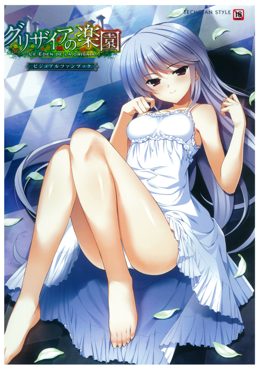 1girl ahoge bangs bare_arms bare_legs barefoot blush border breasts breasts_apart checkered checkered_floor collarbone copyright_name cover cover_page day dress dutch_angle eyebrows_visible_through_hair feet frilled_dress frills fumio_(ura_fmo) grisaia_(series) grisaia_no_kajitsu head_tilt highres indoors kazami_kazuki legs legs_up light_smile long_hair long_legs looking_at_viewer lying on_back panties petals rating red_eyes scan shiny shiny_hair shiny_skin silver_hair small_breasts smile solo sundress sunlight toes tsurime underwear very_long_hair white_border white_dress white_panties