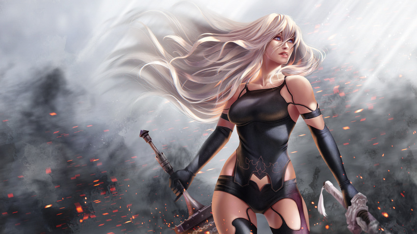 1girl black_gloves black_shorts blue_eyes breasts elbow_gloves floating_hair gloves highres holding holding_sword holding_weapon light_rays long_hair medium_breasts nier_(series) nier_automata nose olga_narhova parted_lips shorts smoke solo standing sunbeam sunlight sword weapon white_hair yorha_type_a_no._2