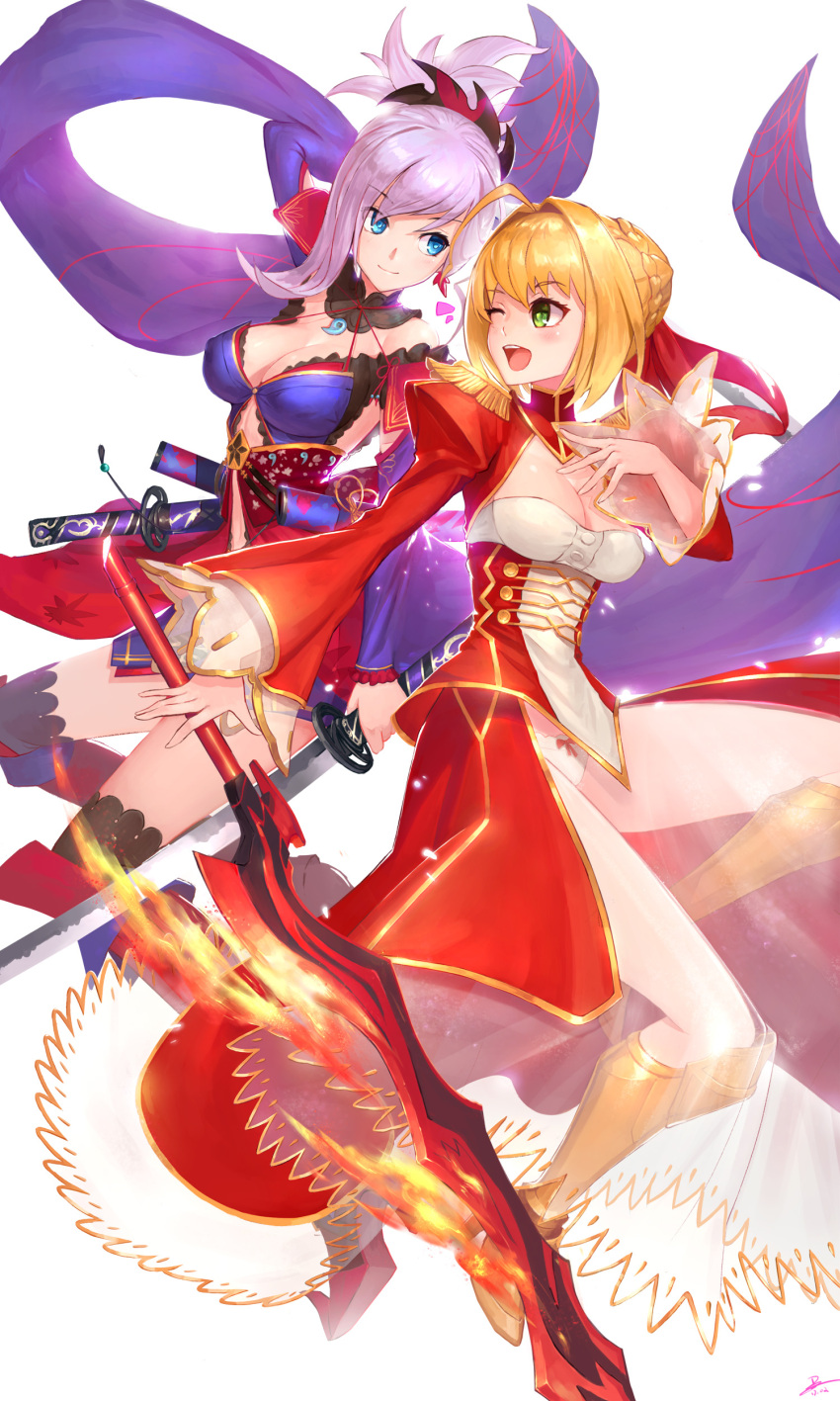 2girls absurdres aestus_domus_aurea aestus_estus ahoge blonde_hair blue_eyes breasts cleavage_cutout detached_sleeves dress duan_henglong epaulettes fate/extra fate/grand_order fate_(series) green_eyes hair_intakes hair_ornament highres japanese_clothes jewelry kimono large_breasts lock long_sleeves looking_at_another medium_breasts miyamoto_musashi_(fate/grand_order) multiple_girls one_eye_closed padlock panties ponytail puffy_long_sleeves puffy_sleeves red_dress revision saber_extra sash smile sword thigh-highs thighs underwear weapon white_panties wide_sleeves