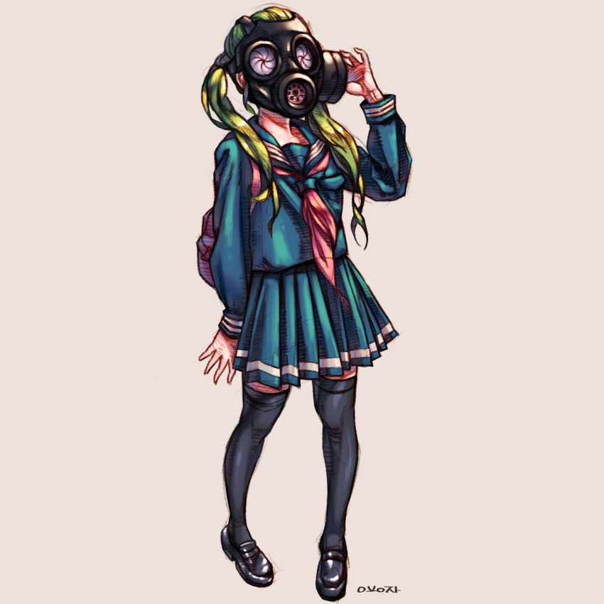 1girl arm_at_side artist_name backpack bag black_shoes blue_sailor_collar blue_serafuku blue_shirt blue_skirt collarbone covered_face full_body gas_mask green_hair hand_to_head hand_up highres jeon_yong_jin legs_apart loafers long_hair long_sleeves neckerchief original pink_neckerchief pleated_skirt sailor_collar school_bag school_uniform serafuku shirt shoes simple_background skirt solo standing twintails