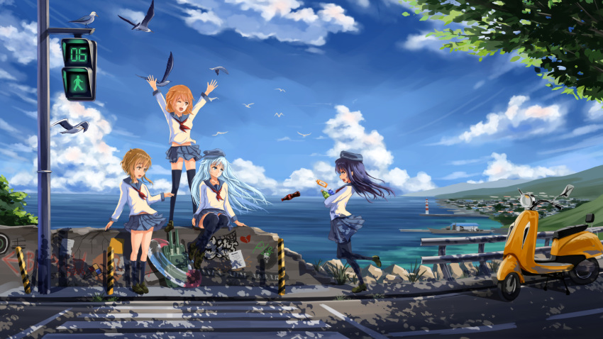 4girls akatsuki_(kantai_collection) anchor_symbol arms_up augu_(523764197) bird black_legwear blue_eyes blue_hair blue_hat blue_skirt boat bottle brown_eyes brown_shoes crosswalk eyebrows_visible_through_hair graffiti guard_rail hat hibiki_(kantai_collection) highres holding holding_bottle ikazuchi_(kantai_collection) inazuma_(kantai_collection) innertube kantai_collection kneehighs lighthouse looking_at_another moped multiple_girls neckerchief one_eye_closed pantyhose red_neckerchief road school_uniform seagull serafuku shoes sitting skirt thigh-highs traffic_light tree watercraft