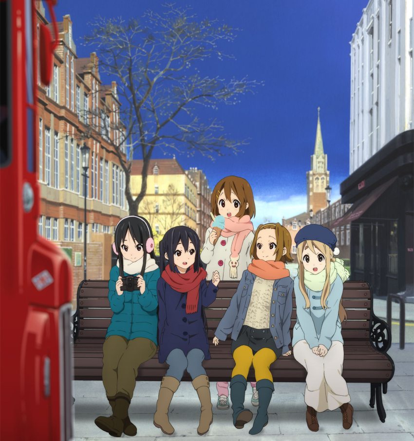 5girls akiyama_mio anime_location bench blue_legwear boots bus casual coat double-decker_bus earmuffs food ground_vehicle hat highres hirasawa_yui horiguchi_yukiko ice_cream k-on! k-on!_movie kotobuki_tsumugi london motor_vehicle multiple_girls nakano_azusa official_art pantyhose scarf sitting smile tainaka_ritsu united_kingdom vehicle winter_clothes yellow_legwear