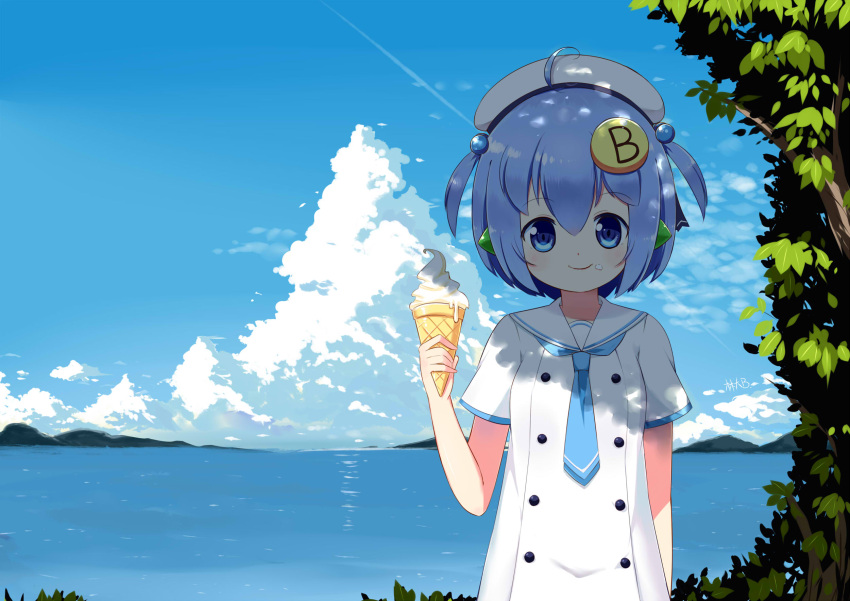 1girl ahoge blue_eyes blue_hair blue_necktie blush eyebrows_visible_through_hair food food_on_face graphite_(medium) hair_bobbles hair_ornament hat highres holding holding_food ice_cream ice_cream_cone ice_cream_on_face leaf linda_b looking_at_viewer necktie original short_hair smile traditional_media tree white_hat