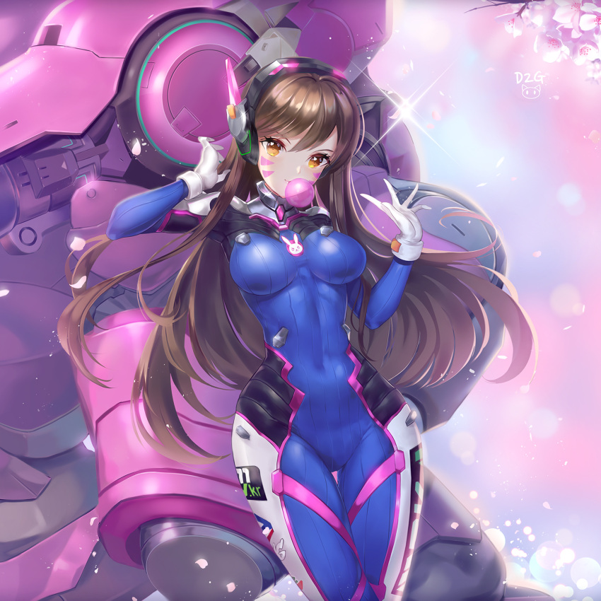 1girl animal_print bangs blue_bodysuit blue_sky blurry blurry_background bodysuit breasts brown_eyes brown_hair bubble_blowing bunny_print cherry_blossoms chewing_gum clothes_writing covered_navel cowboy_shot d.va_(overwatch) day facepaint facial_mark gloves hair_tousle hand_in_hair headphones high_collar highres impossible_bodysuit impossible_clothes long_hair looking_at_viewer medium_breasts meka_(overwatch) outdoors overwatch pilot_suit ribbed_bodysuit shoulder_pads skin_tight sky solo sparkle swept_bangs tree_branch ttaji_(pass35) whisker_markings white_gloves