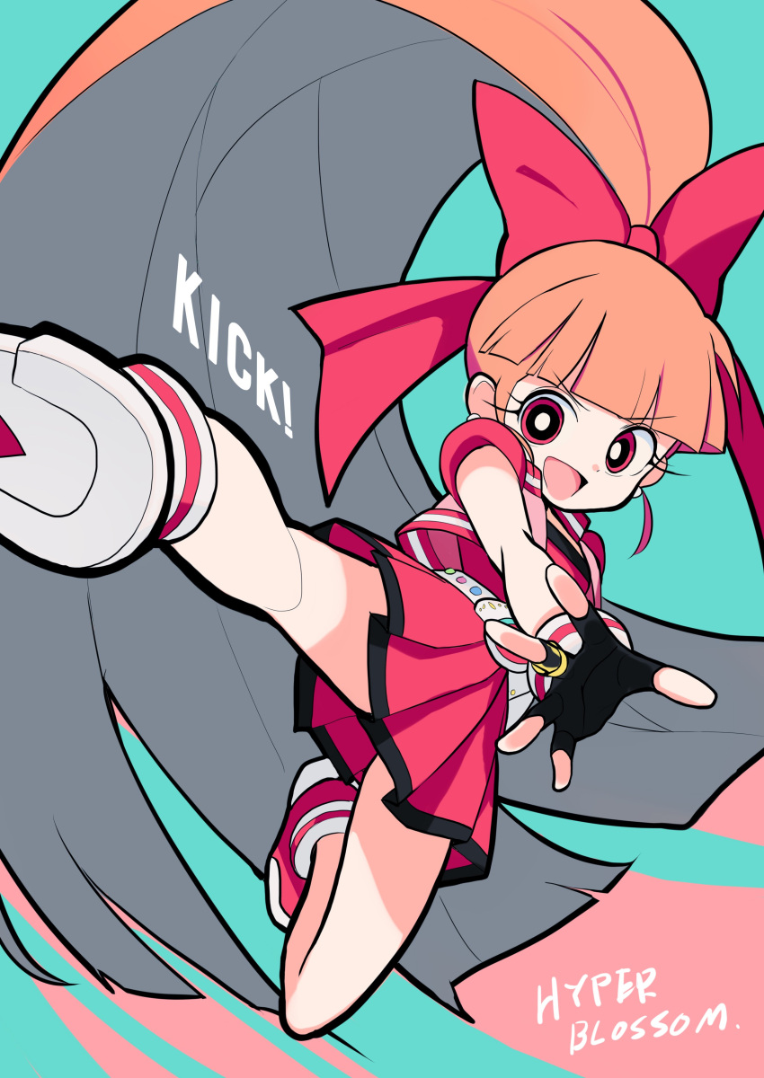 ! 1girl :d absurdres bangs belt blossom_(ppg) blunt_bangs bow character_name dress english fingerless_gloves full_body gloves hair_bow highres kicking legs long_hair looking_at_viewer open_mouth orange_hair pleated_dress pleated_skirt ponytail powerpuff_girls red_bow red_eyes short_sleeves skirt smile solo text very_long_hair vest