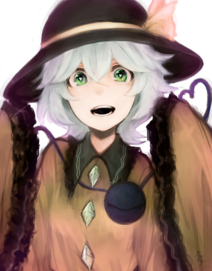 1girl green_eyes green_hair grey_hair hat heart heart-shaped_pupils highres komeiji_koishi looking_at_viewer open_mouth short_hair signature smile solo sujaku_(izayoisuzaku) symbol-shaped_pupils third_eye touhou wide_sleeves