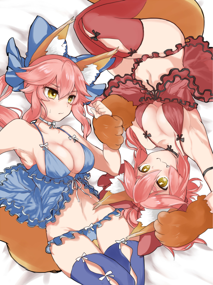 2girls :3 animal_ears babydoll bed_sheet blue_legwear blue_panties blush bow breasts cleavage fang fate/extra fate/grand_order fate_(series) fox_ears fox_tail frilled_panties frills hair_bow highres large_breasts long_hair looking_at_viewer lying midriff multiple_girls navel on_back panties paws pink_hair red_legwear red_panties rotational_symmetry shibata_(idaidaiba6211) smile symmetrical_pose tail tamamo_(fate)_(all) tamamo_cat_(fate) tamamo_no_mae_(fate) thigh-highs underwear yellow_eyes
