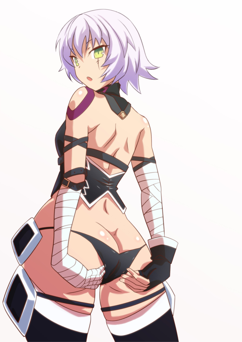 1girl :o absurdres adjusting_clothes adjusting_panties ass assassin_of_black bandage bandaged_arm bare_shoulders belt black_legwear black_panties blush butt_crack fate/grand_order fate_(series) from_behind gloves green_eyes highres looking_at_viewer looking_back moroheiya_(user_harz4842) open_mouth panties scar shiny shiny_skin short_hair silver_hair single_glove solo standing tattoo thigh-highs underwear white_background