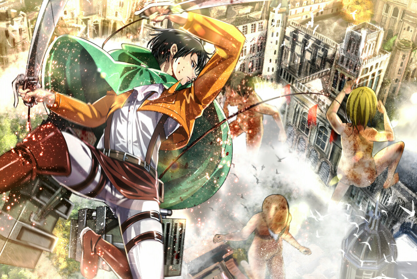 1boy action bird black_hair cape day dress_shirt dual_wielding green_cape highres holding holding_sword holding_weapon jacket levi_(shingeki_no_kyojin) military military_uniform open_clothes open_jacket orange_jacket outdoors pants shingeki_no_kyojin shirt sword three-dimensional_maneuver_gear titan_(shingeki_no_kyojin) uniform weapon white_pants white_shirt yuna_(rutera)