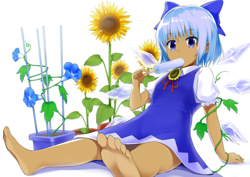 1girl arm_support bangs barefoot blue_bow blue_dress blue_eyes blue_flower blue_hair bow cirno collared_shirt commentary_request dress eating expressionless eyebrows_visible_through_hair fairy_wings flower food food_in_mouth foreshortening hair_bow hand_up hidden_star_in_four_seasons holding holding_food ice ice_wings looking_at_viewer melting mocchi neck_ribbon pinafore_dress plant popsicle potted_plant puffy_short_sleeves puffy_sleeves red_ribbon ribbon shadow shiny shiny_hair shirt short_hair short_sleeves simple_background sitting solo sunflower tan tanline tanned_cirno toes touhou vines white_background white_shirt wing_collar wings