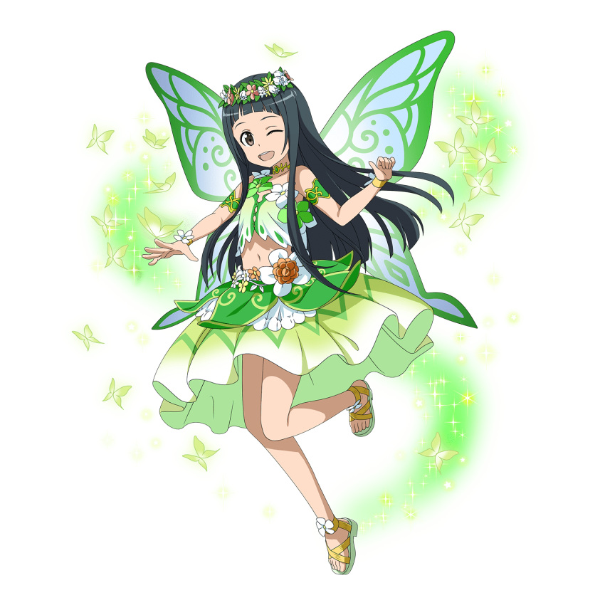 1girl ;d armlet black_eyes black_hair bracelet butterfly butterfly_wings collarbone crop_top full_body green_skirt green_wings head_wreath highres hime_cut jewelry long_hair midriff navel necklace one_eye_closed open_mouth skirt sleeveless smile solo stomach sword_art_online transparent_background very_long_hair wings yui_(sao)