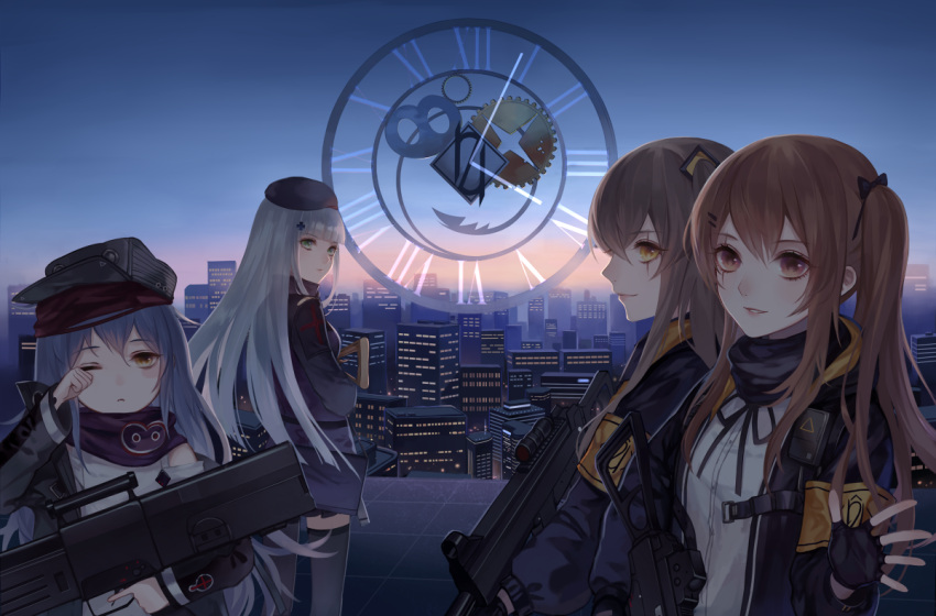 4girls assault_rifle bangs beret black_legwear blue_hair blunt_bangs brown_eyes brown_hair coat g11_(girls_frontline) girls_frontline green_hair gun hat hk416_(girls_frontline) holding holding_gun holding_weapon jacket long_hair military military_uniform multiple_girls open_clothes open_coat open_jacket outdoors rifle rubbing_eyes scar scar_across_eye side_ponytail sidelocks silver_hair standing thigh-highs twilight ump45_(girls_frontline) ump9_(girls_frontline) uniform weapon yellow_eyes zek_(zecola)