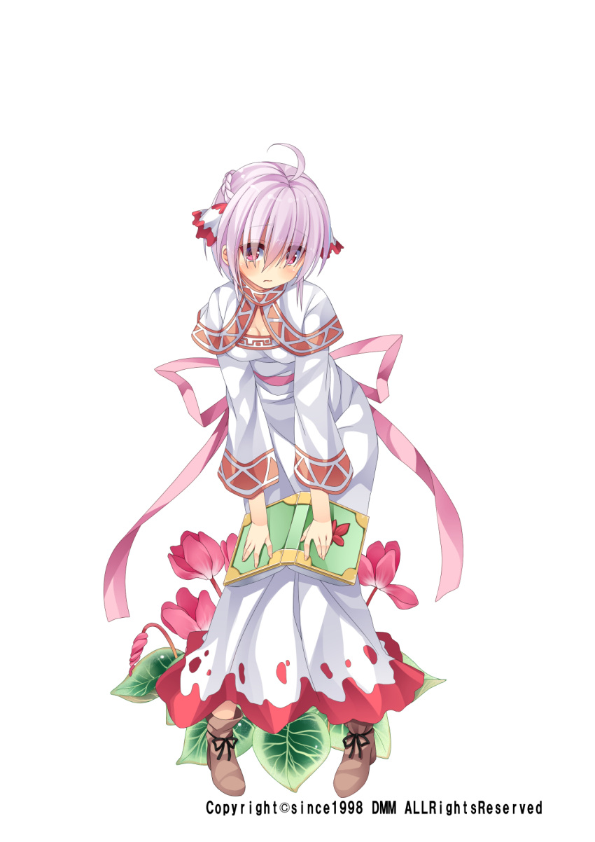 1girl ahoge asa_no_ha book bow braid brown_shoes closed_mouth cyclamen_(flower_knight_girl) dress eyebrows_visible_through_hair flower flower_knight_girl full_body hair_ribbon half_updo highres leaning_forward object_namesake official_art pink_bow pink_hair red_eyes ribbon shawl shoes short_hair solo standing white_background white_dress