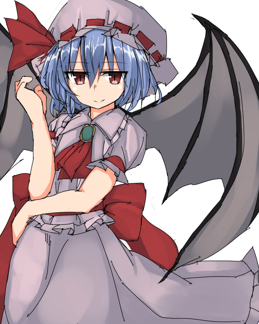 1girl ascot bangs bat_wings blue_hair bow closed_mouth cowboy_shot eyebrows_visible_through_hair frills golgi_hon hair_between_eyes hand_on_hip hand_up hat hat_bow highres looking_at_viewer mob_cap pink_hat pink_skirt red_bow red_eyes remilia_scarlet short_hair short_sleeves simple_background skirt skirt_set slit_pupils smile solo touhou white_background wings