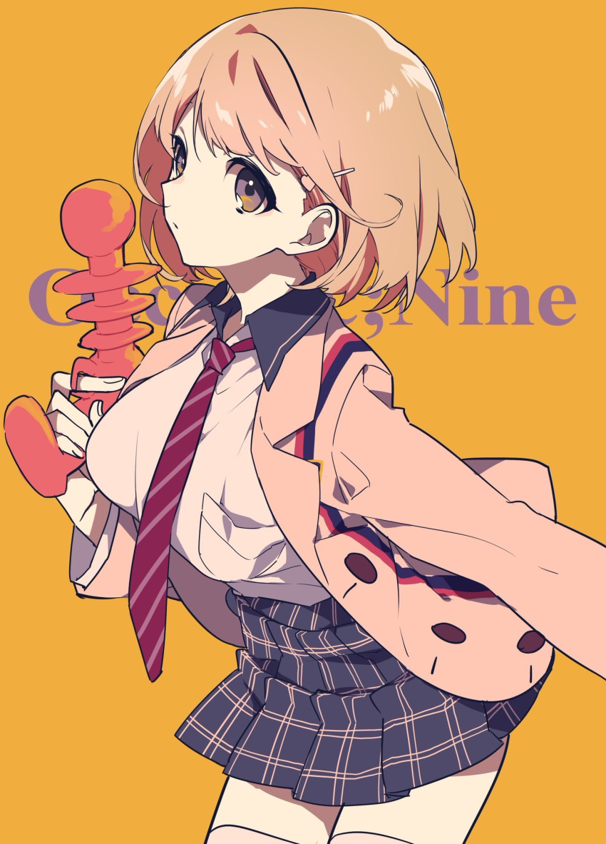 1girl black_skirt blonde_hair breasts brown_eyes closed_mouth copyright_name cowboy_shot finger_on_trigger gun hair_ornament hairclip heart_hair_ornament highres holding holding_gun holding_weapon jacket large_breasts looking_at_viewer mochizuki_kei narusawa_ryouka necktie occultic;nine open_clothes open_jacket plaid plaid_skirt pleated_skirt school_uniform short_hair skirt solo striped striped_necktie weapon