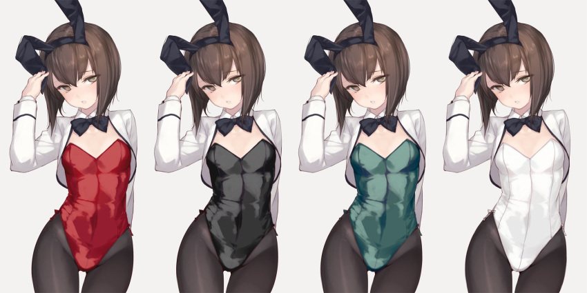 1girl animal_ears arm_behind_back ass_visible_through_thighs black_legwear black_leotard bow bowtie breasts brown_eyes brown_hair bunnysuit cowboy_shot cropped_jacket dated detached_collar fake_animal_ears green_leotard hairband hand_on_headwear head_tilt highres kantai_collection leotard looking_at_viewer multiple_outfits pantyhose parted_lips rabbit_ears red_leotard rokuwata_tomoe short_hair simple_background small_breasts taihou_(kantai_collection) white_background