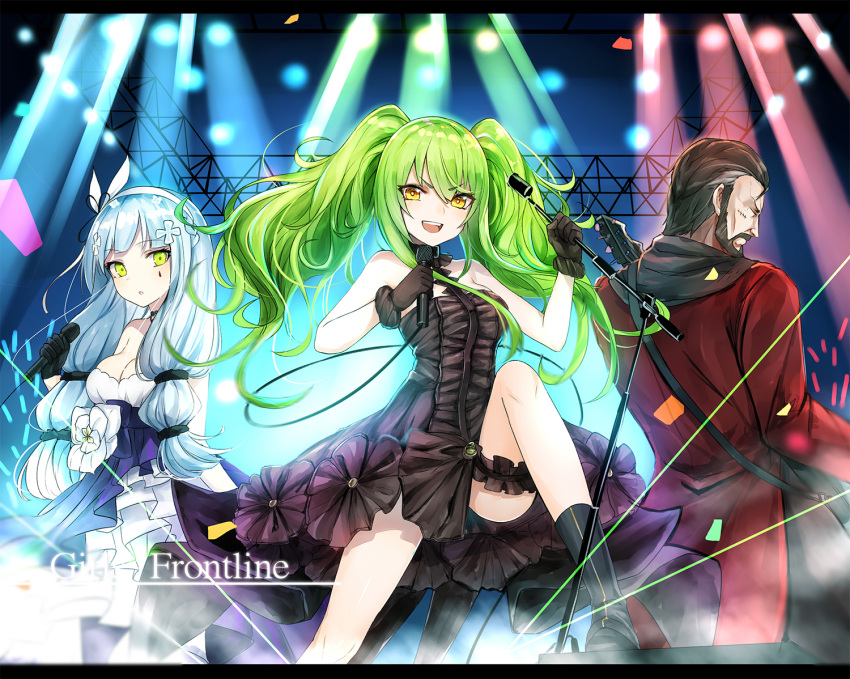 &gt;:d :d bangs beard black_hair blue_hair character_request copyright_name eyebrows_visible_through_hair facial_hair facial_mark girls_frontline green_eyes green_hair guitar hair_ornament hk416_(girls_frontline) holding holding_microphone instrument knee_up letterboxed long_hair luse_maonang m950a_(girls_frontline) microphone microphone_stand open_mouth parted_lips smile stage teardrop teeth twintails yellow_eyes