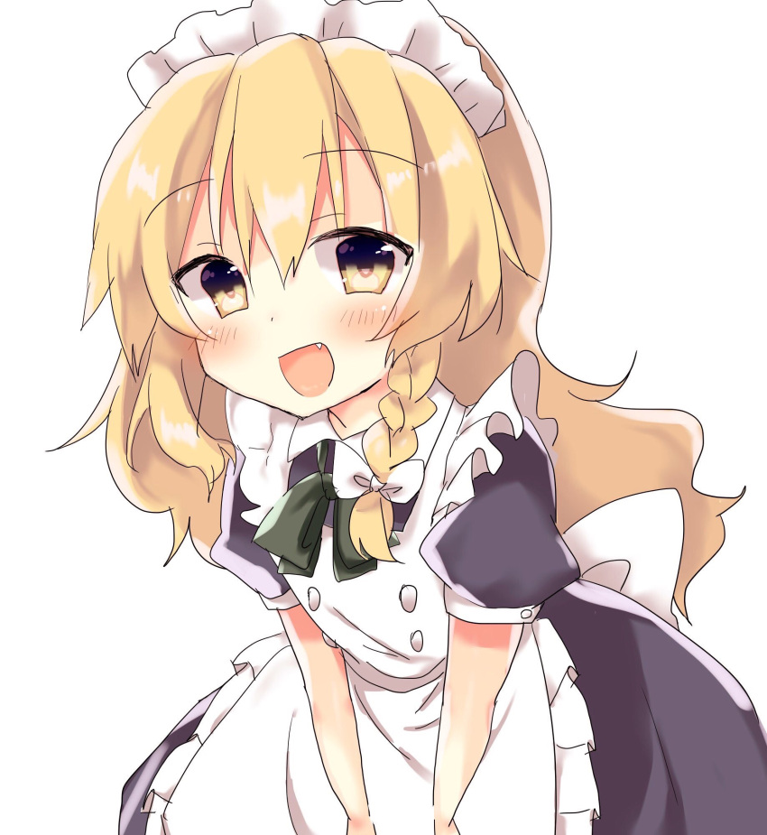 1girl :d alternate_costume apron bending_forward blonde_hair blush bow bowtie braid commentary dress enmaided fang happy highres kirisame_marisa looking_at_viewer maid no_hat no_headwear open_mouth rbtt single_braid smile solo touhou v_arms yellow_eyes