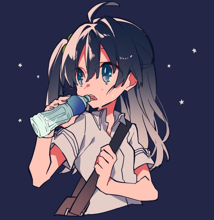 1girl ahoge black_hair blouse blue_eyes bottle chunithm cropped_torso drinking hair_bobbles hair_ornament highres holding holding_bottle long_hair looking_to_the_side mochizuki_kei one_side_up open_mouth school_uniform short_sleeves solo star teeth