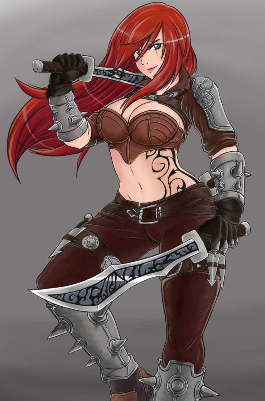 1girl armor belt breasts cleavage cowboy_shot dual_wielding gauntlets gloves green_eyes high_collar highres holding holding_sword holding_weapon katarina_du_couteau knife large_breasts league_of_legends leg_lift lips long_hair looking_at_viewer midriff navel over_shoulder pants patrickdja redhead scar scar_across_eye smile solo spaulders spikes standing standing_on_one_leg stomach sword sword_over_shoulder tattoo weapon weapon_over_shoulder