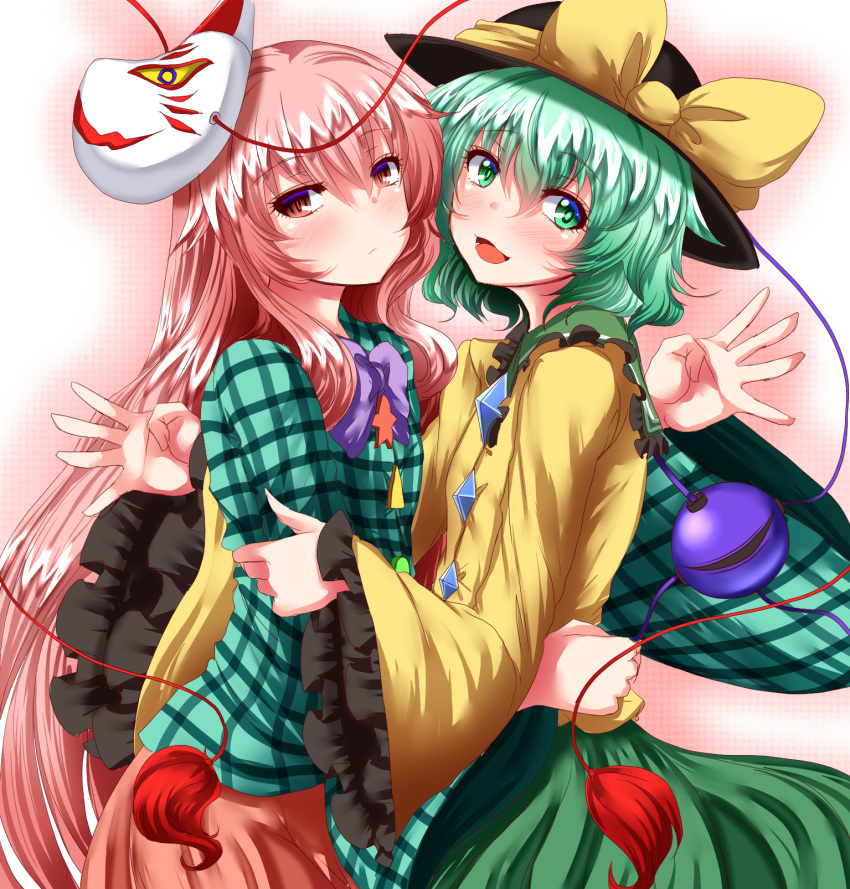 :d bangs black_hat blush bow bowtie closed_mouth cowboy_shot expressionless eyeball fox_mask frilled_shirt_collar frilled_sleeves frills from_side green_eyes green_hair green_skirt hat hat_bow hata_no_kokoro highres komeiji_koishi long_hair long_sleeves looking_at_viewer looking_to_the_side mask mask_on_head open_mouth pink_eyes pink_hair pink_skirt plaid plaid_shirt purple_bow purple_bowtie shirt short_hair sidelocks skirt smile third_eye touhou very_long_hair wide_sleeves yellow_bow yellow_shirt zan_(harukahime)