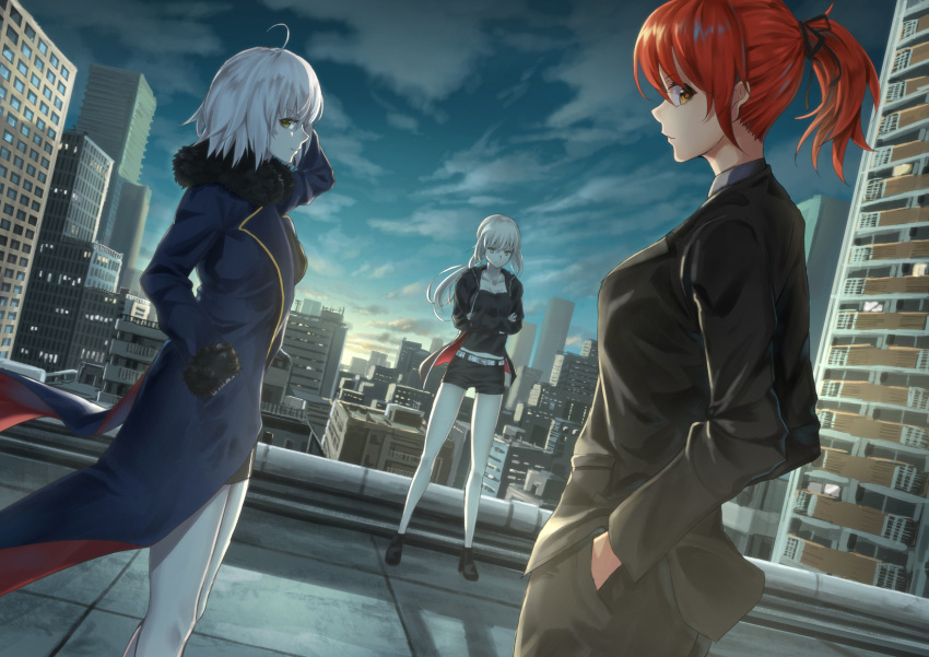 3girls ahoge blonde_hair breasts cityscape collarbone crossed_arms eyebrows_visible_through_hair fate_(series) fujimaru_ritsuka_(female) hands_in_pockets highres jeanne_alter k_ryo large_breasts long_hair looking_at_another looking_at_viewer multiple_girls ponytail redhead ruler_(fate/apocrypha) saber saber_alter short_hair smile white_hair yellow_eyes
