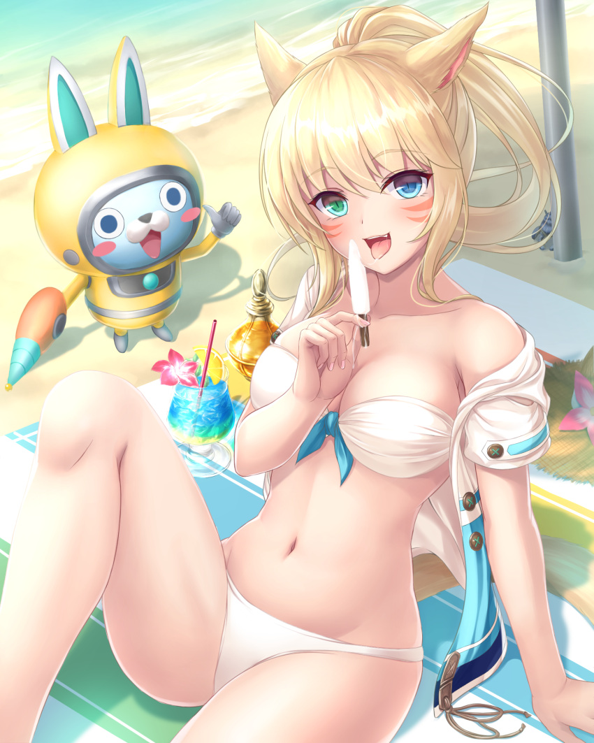 1girl :d animal_ears bare_shoulders beach beach_towel bikini blonde_hair blue_eyes blush blush_stickers breasts brown_hat cat_ears cat_tail cocktail_glass collarbone creature crossover cup drinking_glass drinking_straw eyebrows eyebrows_visible_through_hair final_fantasy final_fantasy_xiv food front-tie_bikini front-tie_top fruit green_eyes hat hat_removed headwear_removed heterochromia highres holding holding_food knee_up lemon lemon_slice long_hair looking_at_viewer medium_breasts miqo'te navel off_shoulder open_clothes open_mouth open_shirt orchid outdoors pole revision sand shadow shirt shore short_sleeves smile stomach strapless strapless_bikini straw_hat swimsuit tail thumbs_up tiphereth towel tropical_drink unbuttoned unbuttoned_shirt usapyon wat youkai_watch