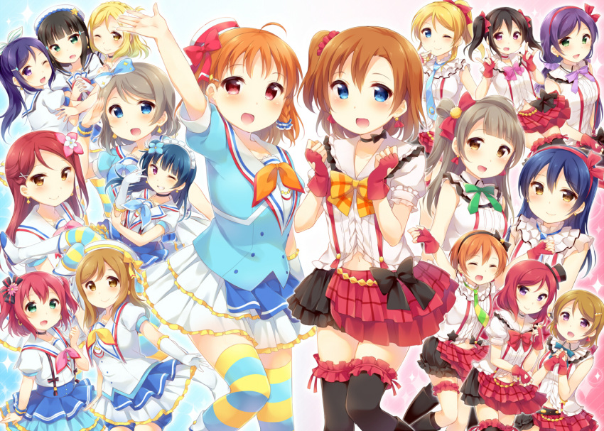 6+girls ayase_eli brown_hair hair_bun hazuki_(sutasuta) hoshizora_rin koizumi_hanayo kousaka_honoka kunikida_hanamaru kurosawa_dia kurosawa_ruby love_live! love_live!_school_idol_project love_live!_sunshine!! matsuura_kanan minami_kotori multiple_girls nishikino_maki ohara_mari one_side_up open_mouth orange_hair ponytail redhead sakurauchi_riko smile sonoda_umi takami_chika toujou_nozomi tsushima_yoshiko twintails violet_eyes watanabe_you yazawa_nico