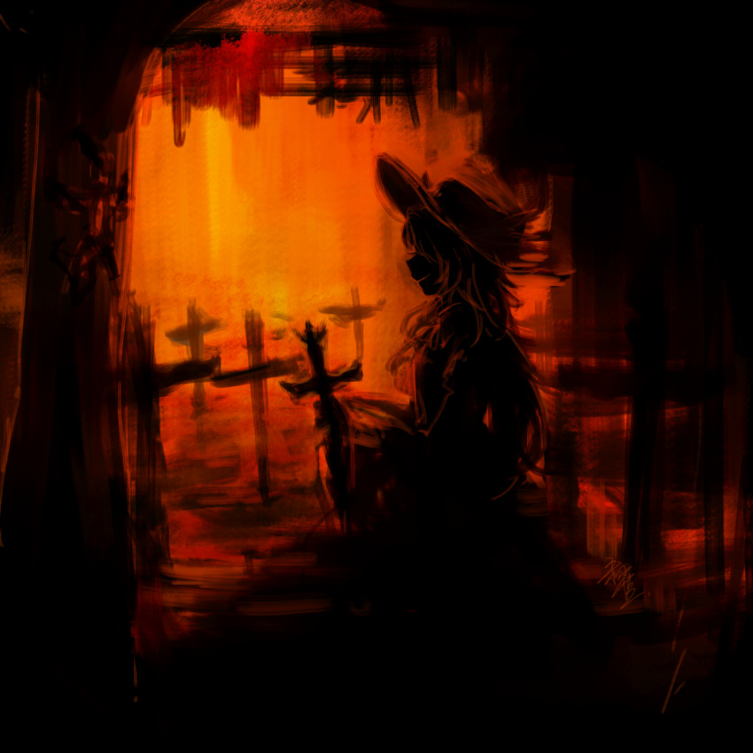 1girl cross dark dolls_in_pseudo_paradise food fruit grave hair_over_eyes hat highres long_hair orange profile signature silhouette smile straw_doll sujaku_(izayoisuzaku) touhou