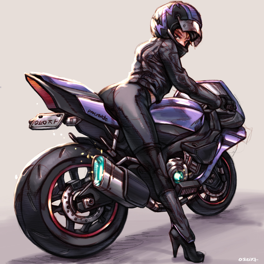 1girl artist_name biker_clothes bikesuit black_gloves black_jacket black_pants black_shoes brown_hair from_behind full_body gloves ground_vehicle high_heels highres jacket jeon_yong_jin leaning_forward legs long_hair long_sleeves looking_at_viewer looking_back motor_vehicle motorcycle original pants shoes simple_background sitting solo thighs vehicle