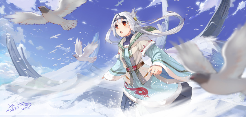 1girl absurdres ankh bird dated eyebrows_visible_through_hair graphite_(medium) highres long_hair long_sleeves looking_away looking_up open_mouth original red_eyes scenery signature traditional_media white_hair x-boy