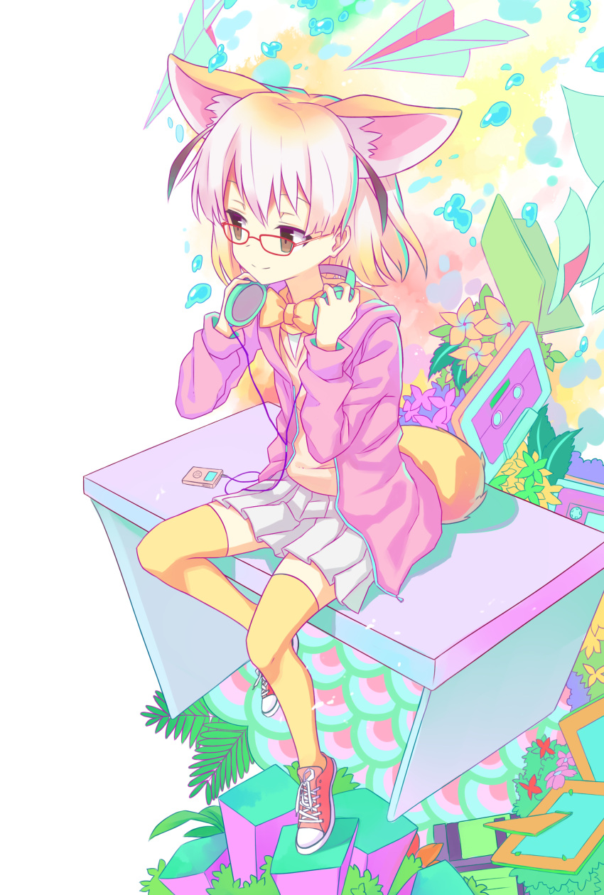 absurdres animal_ears bespectacled blonde_hair bow bowtie brown_eyes cassette_tape colorful converse cyan_aeolin digital_media_player fennec_(kemono_friends) floppy_disk flower fox_ears fox_tail full_body glasses headphones highres hood hoodie kemono_friends leaf looking_to_the_side paper_airplane picture_frame plant pleated_skirt red-framed_eyewear shoes short_hair sitting skirt smile sneakers table tail thigh-highs water_drop white_skirt yellow_bow yellow_bowtie yellow_legwear zettai_ryouiki