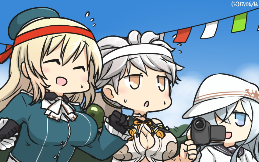 3girls asymmetrical_hair atago_(kantai_collection) beret blue_coat blue_eyes bouncing_breasts breasts cleavage_cutout closed_eyes cloud_print commentary_request crop_top dated flat_cap flying_sweatdrops hair_over_one_eye hammer_and_sickle hamu_koutarou hat headband hibiki_(kantai_collection) highres jitome kantai_collection large_breasts military military_uniform motion_lines multiple_girls open_mouth outdoors recording remodel_(kantai_collection) running school_uniform serafuku silver_hair sky straight_hair uniform unryuu_(kantai_collection) upper_body verniy_(kantai_collection)