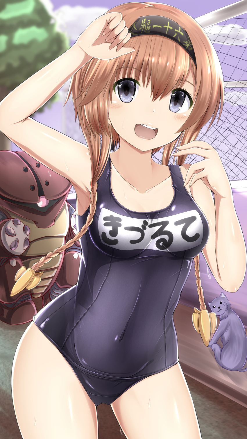 1girl :d absurdres acguy bare_arms bare_legs bare_shoulders blue_eyes braid brown_hair cat collarbone gundam hair_between_eyes hair_ornament headband highres kanji kantai_collection long_hair masa_masa name_tag open_mouth propeller_hair_ornament school_swimsuit smile solo swimsuit teeth teruzuki_(kantai_collection) thighs twin_braids